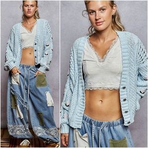 POL Baby Blue Chunky Cable Knit Button Down Floral Embroidered Cardigan